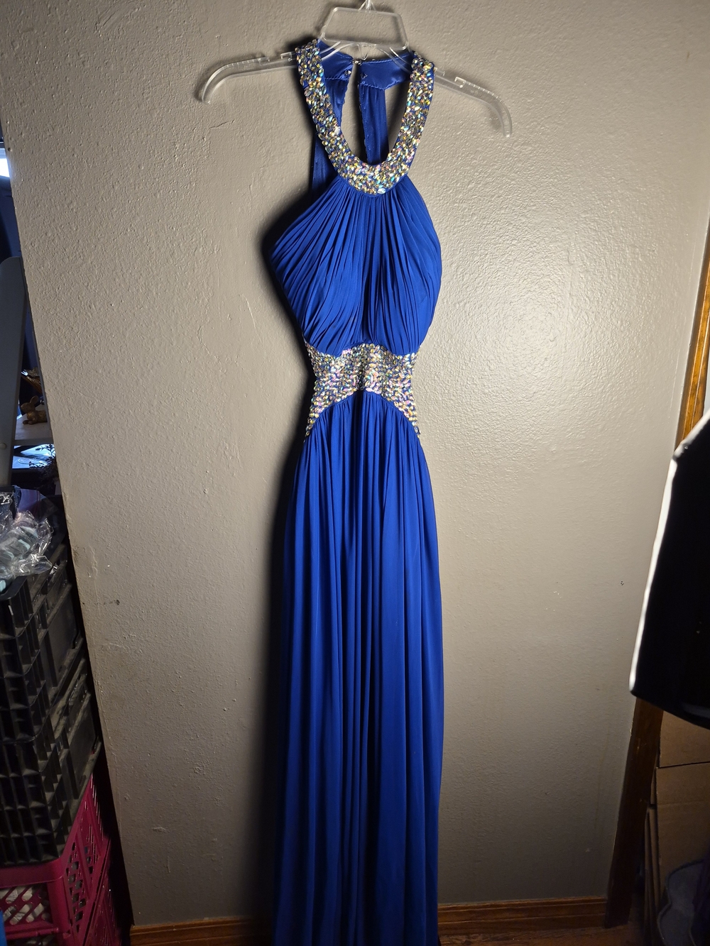 May Queen Couture  Royal Blue Jeweled Halter Prom Gown